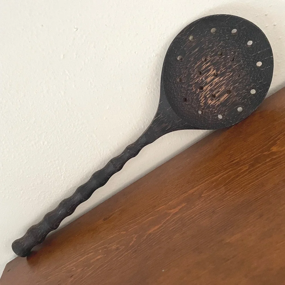 Full Wooden Skimmer Strainer Spoon Kitchen Utensil Detailed Handle 14 in‎ long